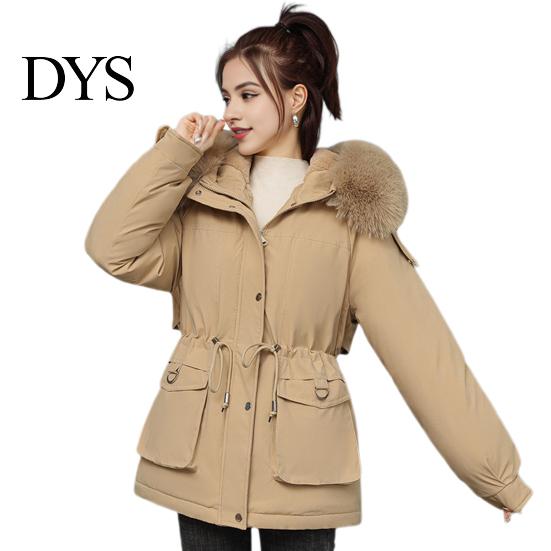 Warm Cotton Jacket Women Winter Coat Thick Plush Furry Hooded Long Sleeves Pockets Lightweight Puffer Drawstring Waist Zip-up Windproof Mid