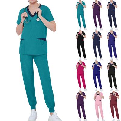 Zweiteiliges Set für Damen, kurzärmelig, einfarbig, Oberteil mit Tasche, Hose, Arbeitskleidung, zweiteiliges Set