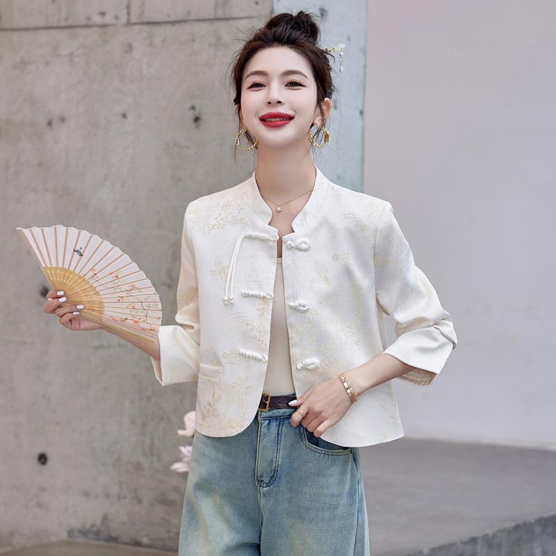 

Молочно-белое женское короткое пальто, новое весенне-осеннее, с застежкой-диском, воротником-стойкой, жаккардовый топ в стиле тансю, трендовый L