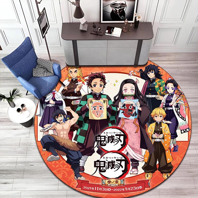 Classic Japanese-style Cartoon Demon Slayer Round Rug, Home Soft Decorative Anti-slip Yoga Mat and Chair Mat, Outdoor Floor Mat Carpet K6