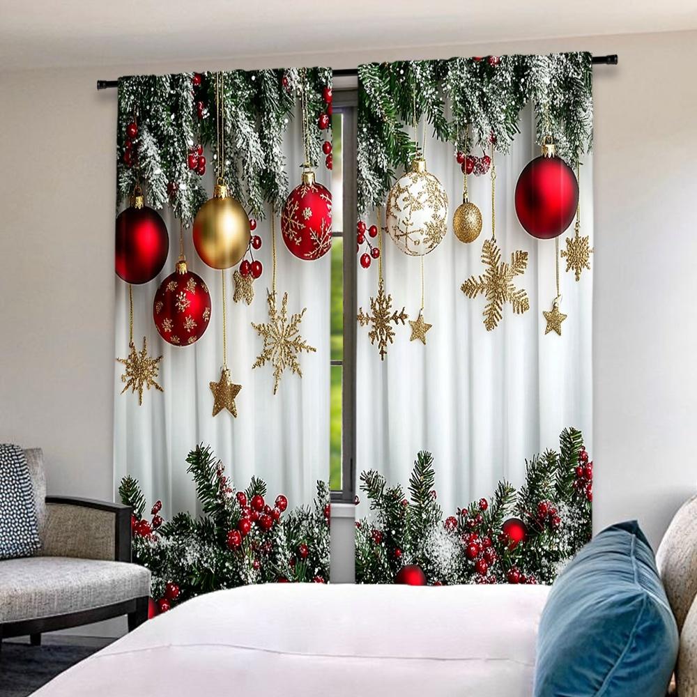 Set Of 2 Flat Printing Fashionable Christmas Curtains Digital Printed Polyester Drapes Non Fading Festive Use Curtain