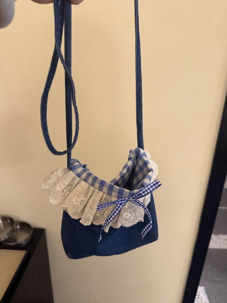New Super Korean Denim Small Bag Versatile Small Fresh Lace Plaid Crossbody Denim Bag Niche Mobile Phone Bag Storage Bag