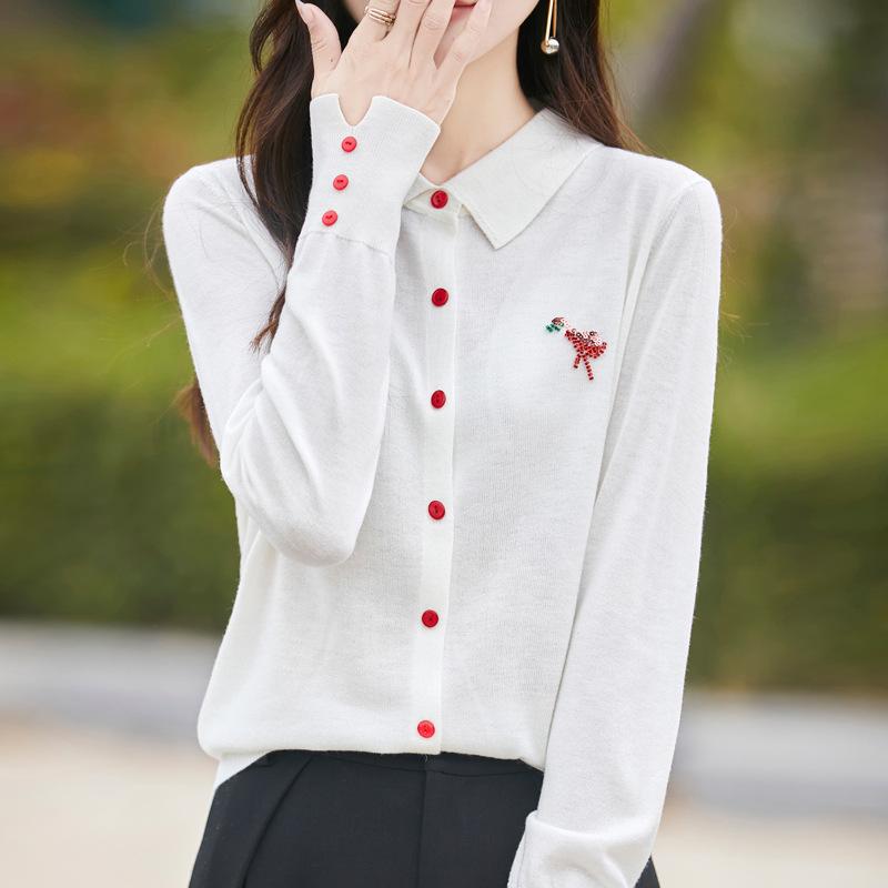 Spring New POLO Knitted Cardigan Flamingo Hot Diamond Cuffs Slit Top