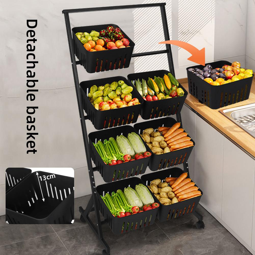 4-Tier Vegetable Storage Rack Fruit and Vegetable Basket with Rolling Wheels Fruit Basket Stand Cart for Kitchen Floor & Pantry