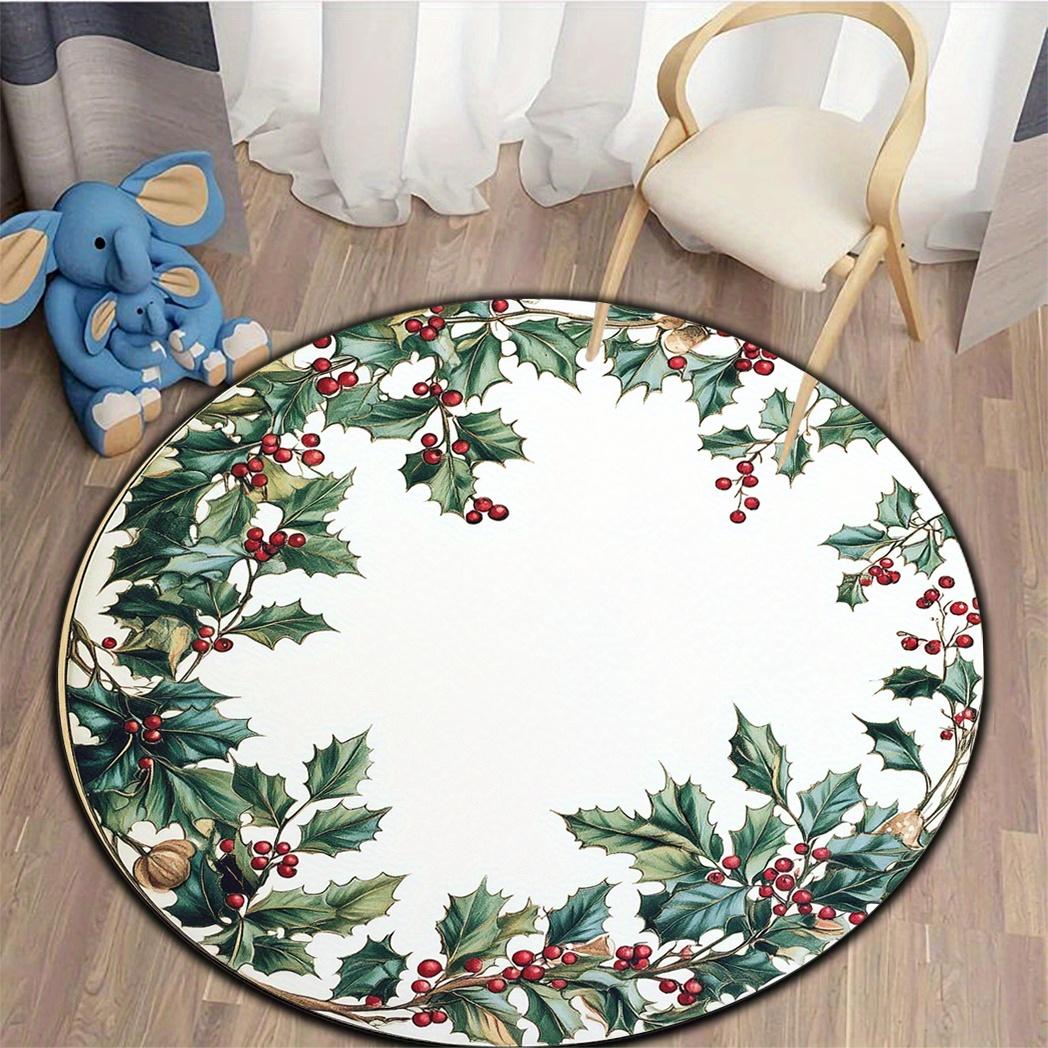 1pc Vintage Christmas Holly and Berry Pattern Round Rug, Crystal Velvet Carpet, Washable Floor Mat for Living Room/Kitchen 100x100cm