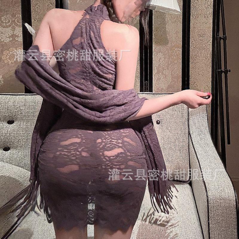 Sex Lingerie Slim Fit Hip Wrap Dress Sexy Purple Lace Perspective Cheongsam Uniform
