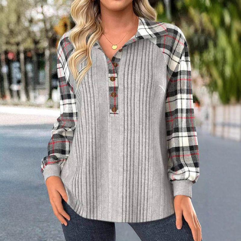 

и Американский Экспорт через границу Крутая ДЕВОЧКА Весна и Осень Повседневный Клетчатый Пэчворк Длинный рукав Ретро Пуловер Толстовка Свободная Большого размера Футболка Gray S (Bust size 92)