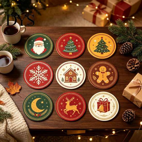 Kitchen Dining Table Accessories 9Pcs Christmas Wooden Coasters Set, Heat Resistant Cup Mats, Waterproof Pads for Round Protection Mats Home
