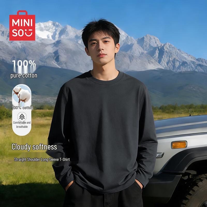 MINISO Men's Pure Cotton Loose Fit Long Sleeve T-Shirt