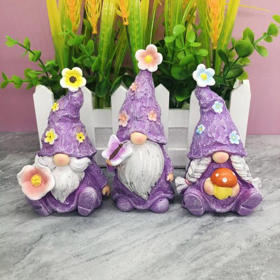 Miniature Mushroom Flower Figurines 3PCS Lavender Gnome Elf Set, Resin Spring Floral Decor Butterfly Set Tray Ornaments, Decorative Statues for Patio