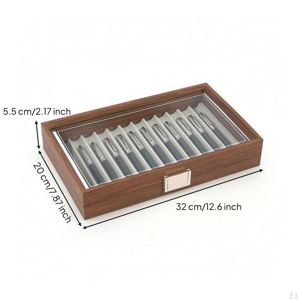Pen Display Box with Glass Lid Walnut Finish 12Slot for Collectors, Desk, Home