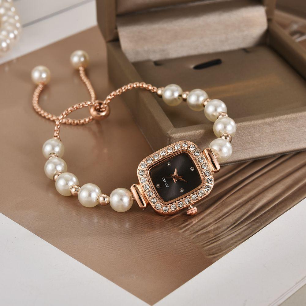 Ceas de Dama Fashion cu Curea de Perle, Diamante, Cadran Pătrat, Brățară cu Ajustare Liberă, Cadou pentru Femei, Ceas Quartz
