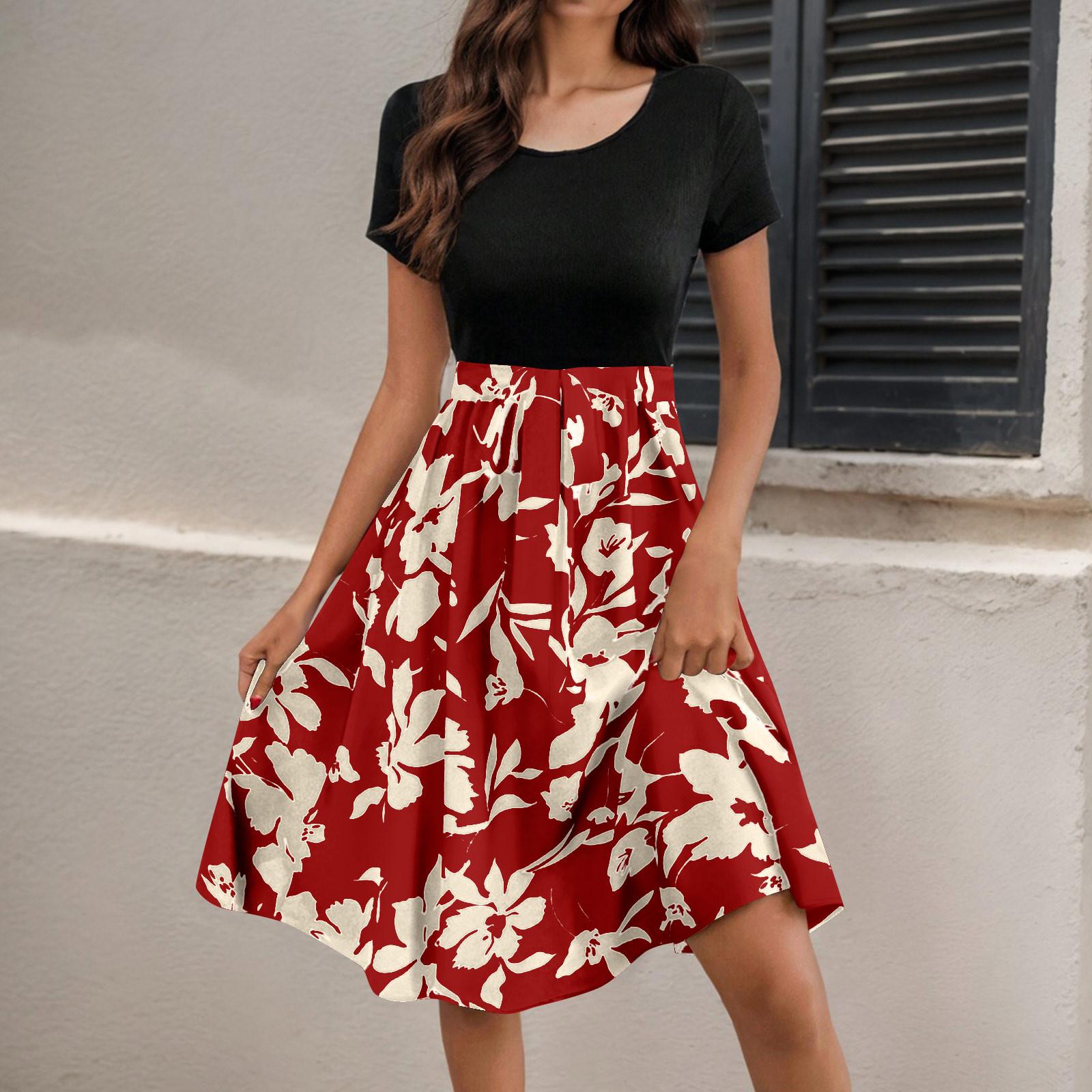 

Женское летнее повседневное платье с V-образным вырезом, платье А-силуэта с цветочным принтом в стиле бохо M красный