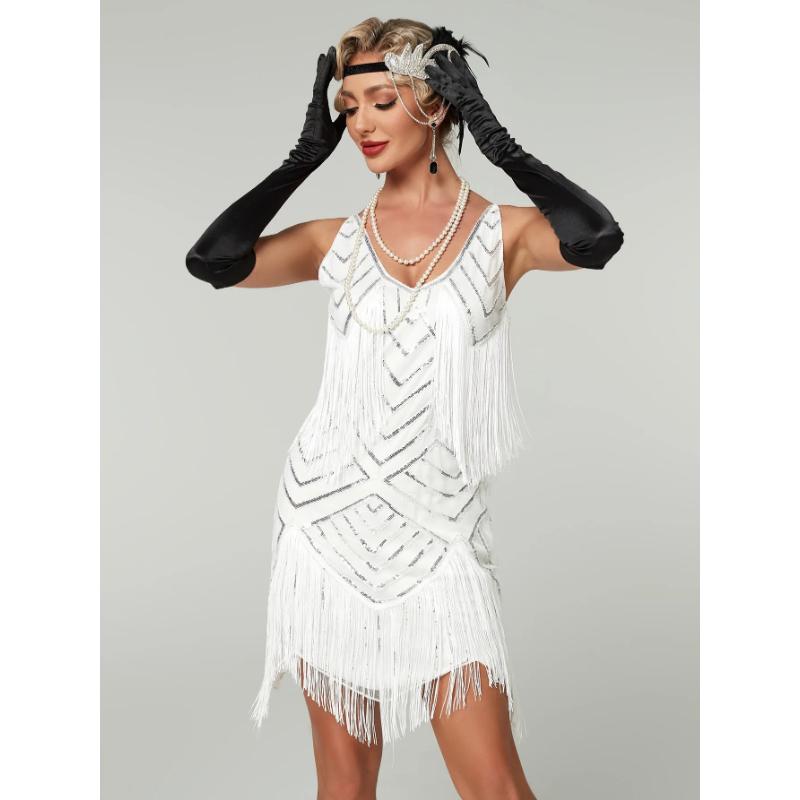 

Flapper Roaring Plus Size Great Lady Mini Short Dress Gatsby Fringed Sequin Beaded Lady Mini Tassels Decoration Dresses 3XL білий