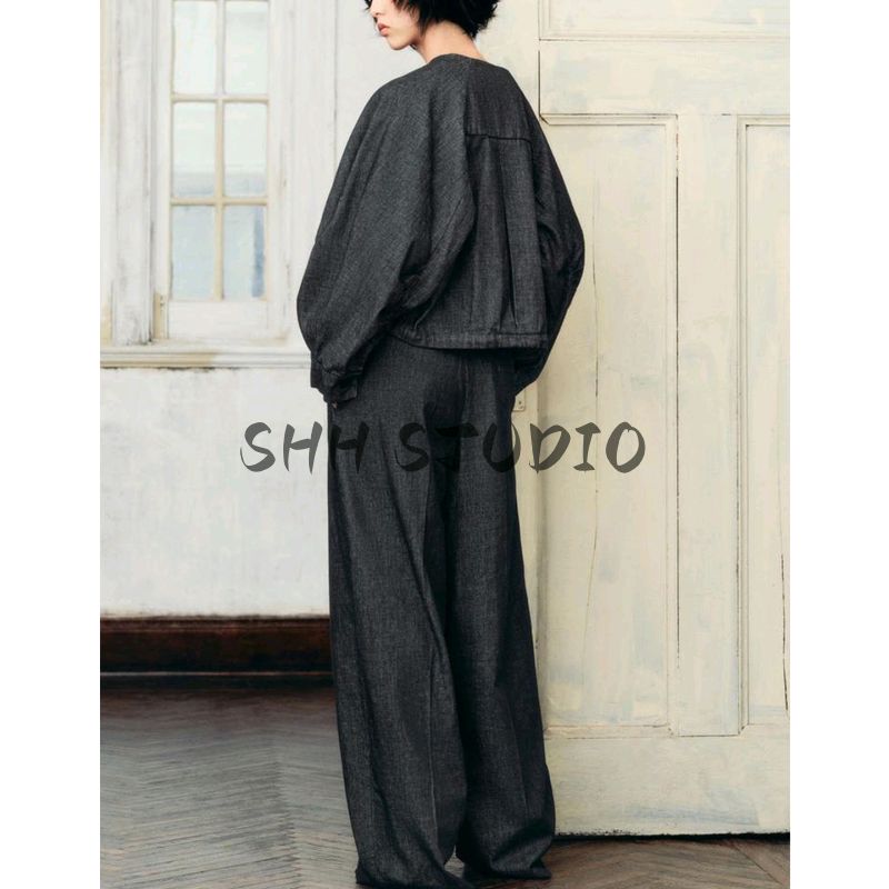 Denim Fluffy Pilot Jacket 5216260 Loose Wide Leg Denim Denim Mid Waist Pleated Pants 9632257