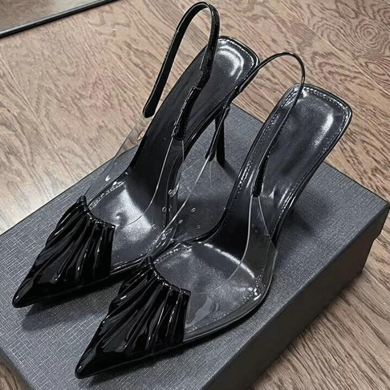 Fashion 2025 Pointy High Heels With New Temperament Transparent Pvc Patent Leather Black Sexy Overhead Sandals Women'S Single Shoes