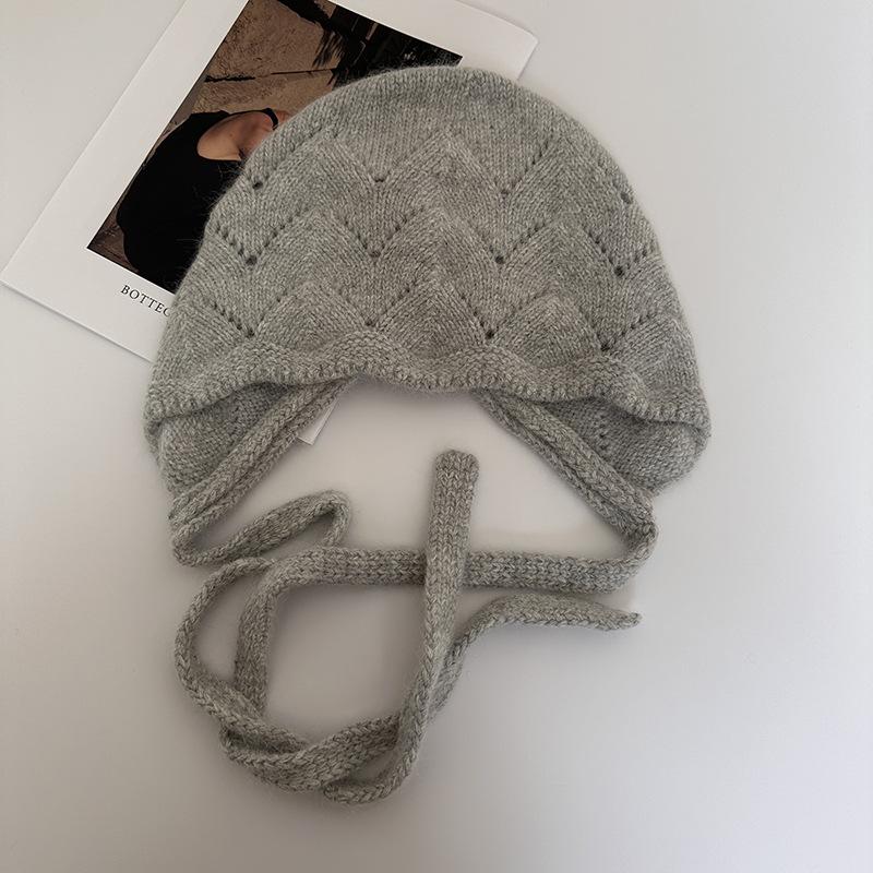 Angola Rabbit Fur Knitted Hat for Women, Lace-up Bag Head Hat In Autumn and Winter, Wool Thermal Ear Protection Hat Shows a Small Tide