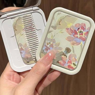 Miroir de Maquillage Pliant à Rabat Lotus Miroir de Poche Portable Rectangulaire Miroir Cosmétique Avec Peigne Pour Femmes Filles Extérieur
