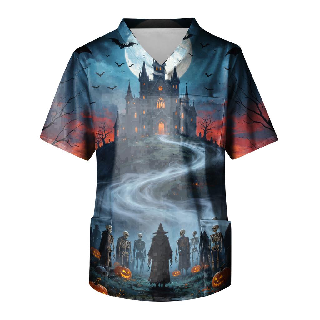 Men's Halloween Print V-Neck Scrub Top with Pocket Short Sleeve Uniform Shirt