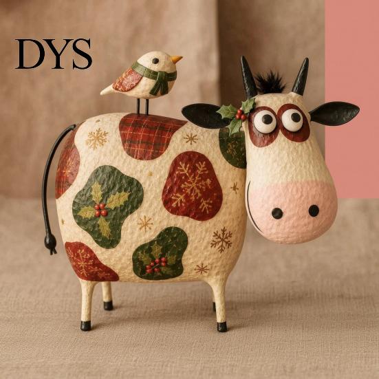 Rustic Farmhouse Shelf Decorations Creative Cow Sculpture with Bird, Resin Animal Figurine, Pastoral Statue, Gifts for Housewarming Artistic Tabletop