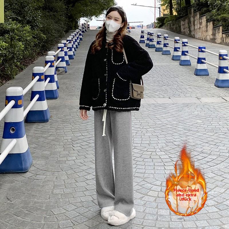 

Розовые вязаные брюки из искусственного кашемира для женщин Осень и Зима Плюс бархат Утепленные С высокой талией Драпирующиеся Свободные Повседневные Прямые Широкие брюки one size