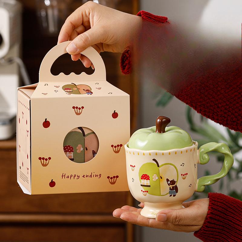 Cupa Drăguță Apple cu Capac Cană Ceramică Suvenir Cupă pentru Apă Potabilă Birou Cupă de Cafea cu Aspect Înalt Crăciun