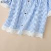 ZANZEA Women Lace Splice Square Collar Casual Short Sleeve Grid Print Blouse