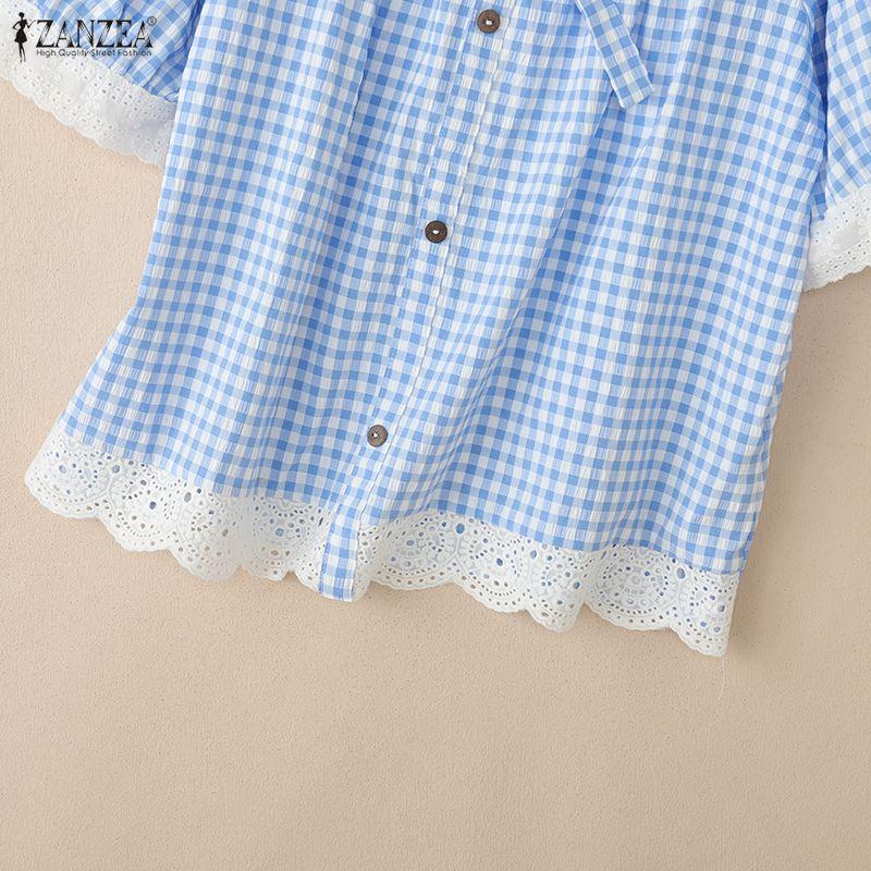 ZANZEA Women Lace Splice Square Collar Casual Short Sleeve Grid Print Blouse