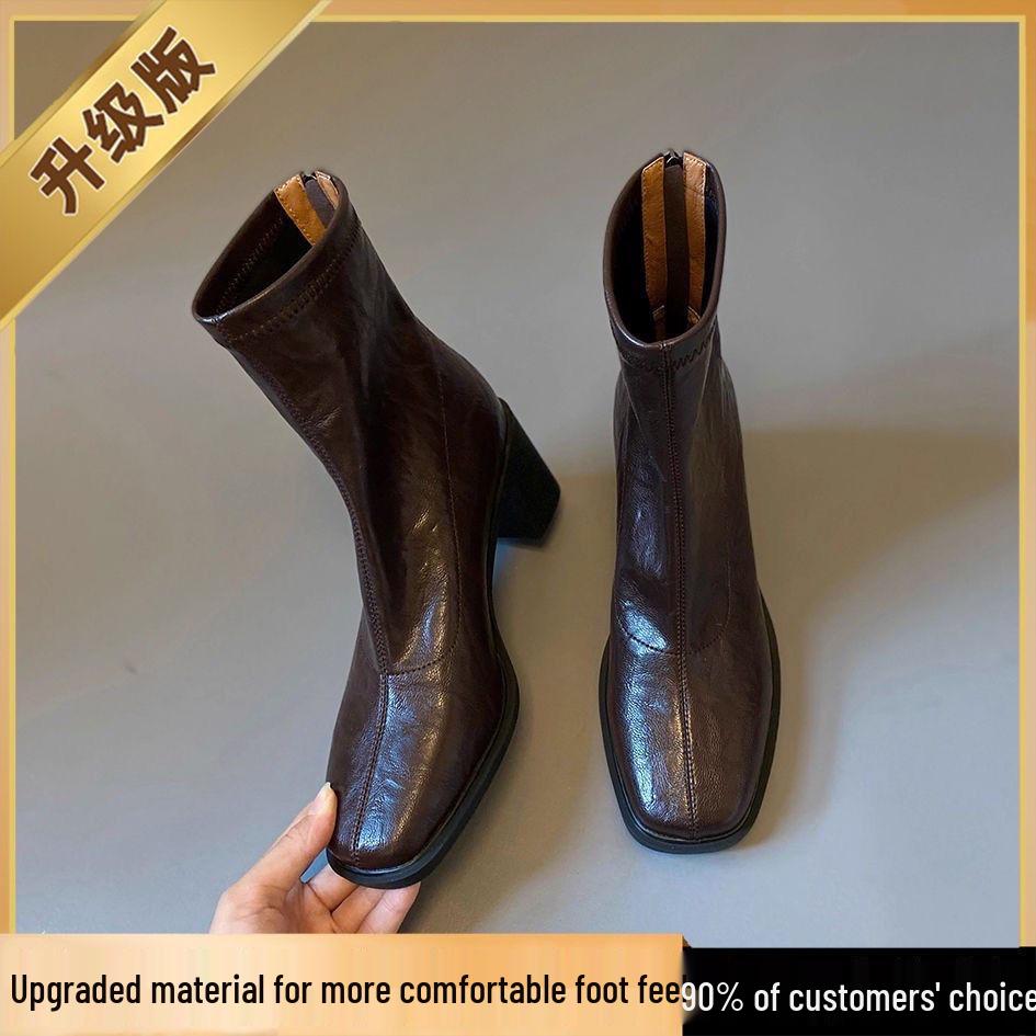 French Soft Leather Chunky Heel Women's Ankle Boots - Retro Square Toe, High Heel, Elastic Slimming, Plus Velvet, Autumn/Winter 2025 Collection.