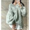 Korejské oversize zelené svetry Dámské Vintage Líný vítr Výstřih do V Roztomilé pletené svetry Podzim Ležérní Volný svetřík s dlouhým rukávem