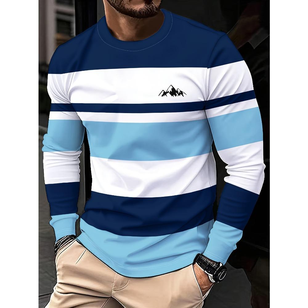 Men s round neck striped long sleeve T-shirt, fashionable street style breathable T-shirt XS