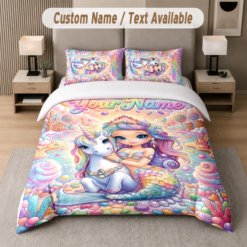 Unicorn Theme Custom Text Or Name 3Pcs Bedding Set 1 Flat Sheet & 2 Pillowcases Personalized Home Bedding