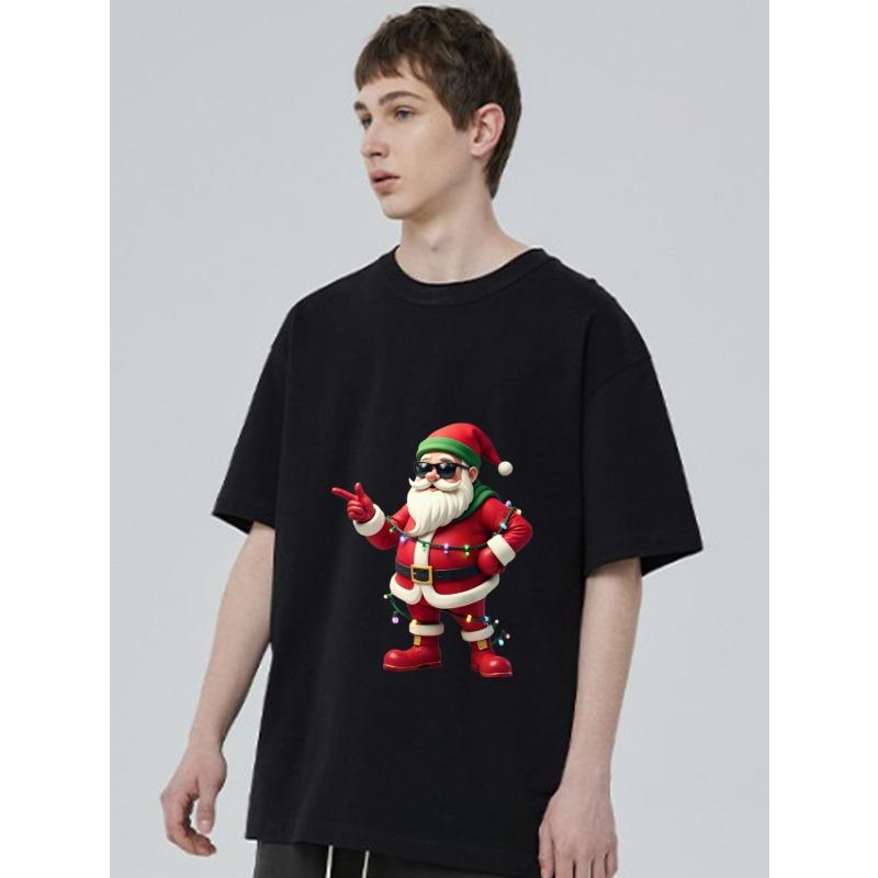 Crew Neck T Shirt Black Santa Claus with Sunglasses and Christmas Lights Print Casual Wear for Holiday Season