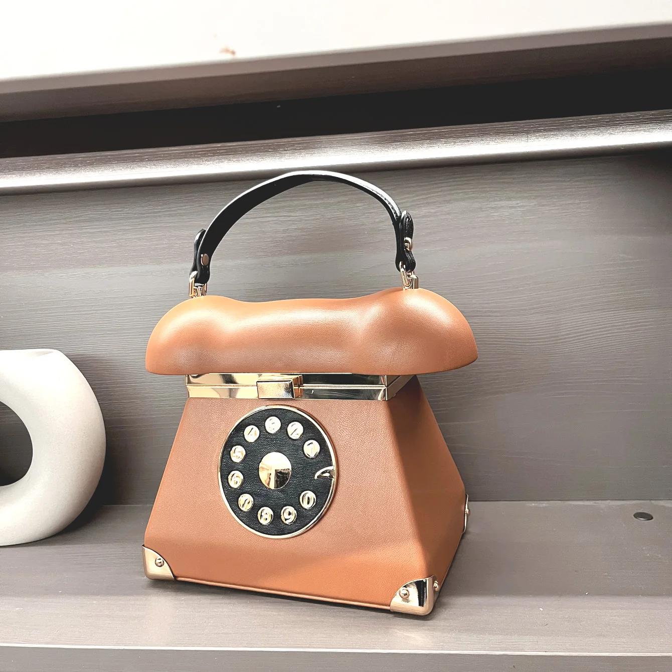

Retro Lady Storage Bag in Funny Telephone Shape, Classical Round Makeup Organizer Purse Party Evening Tote Banquet Shoulder Bag коричневий