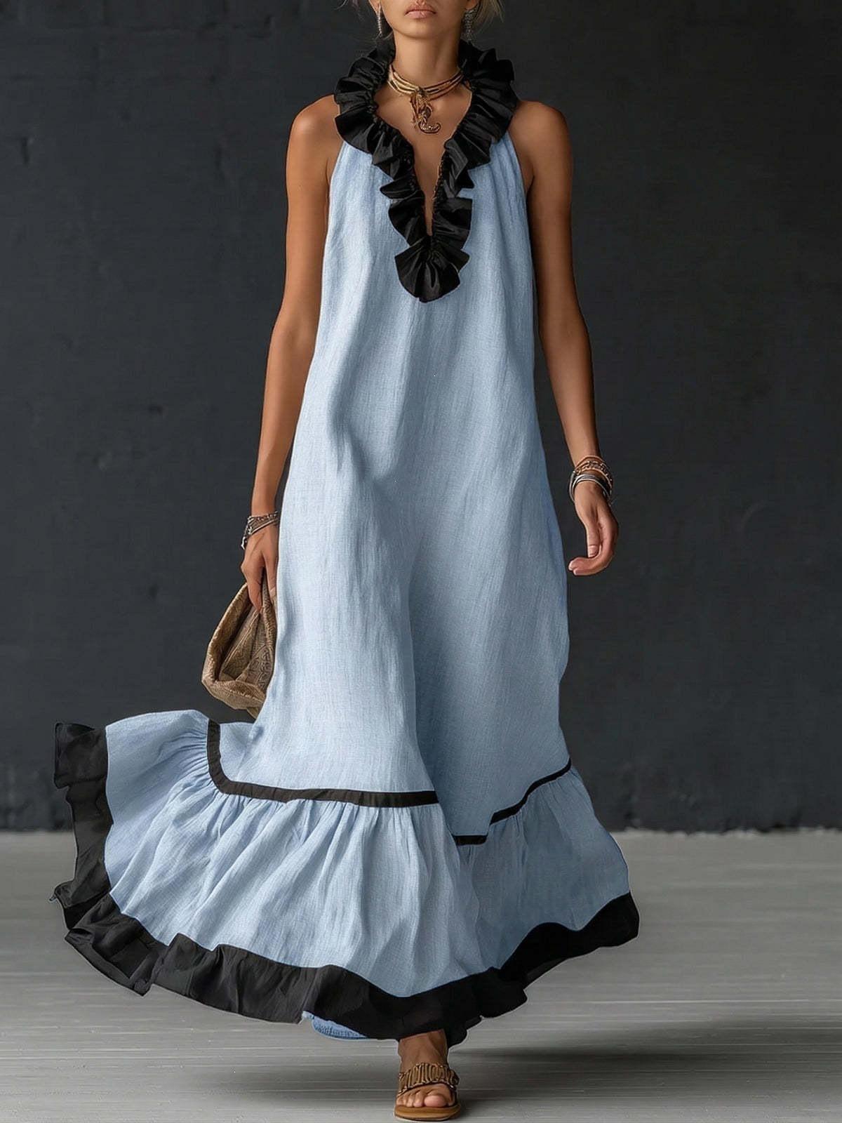 2026 women s elegant temperament ruffle V-neck sleeveless women s dress S светло-синий