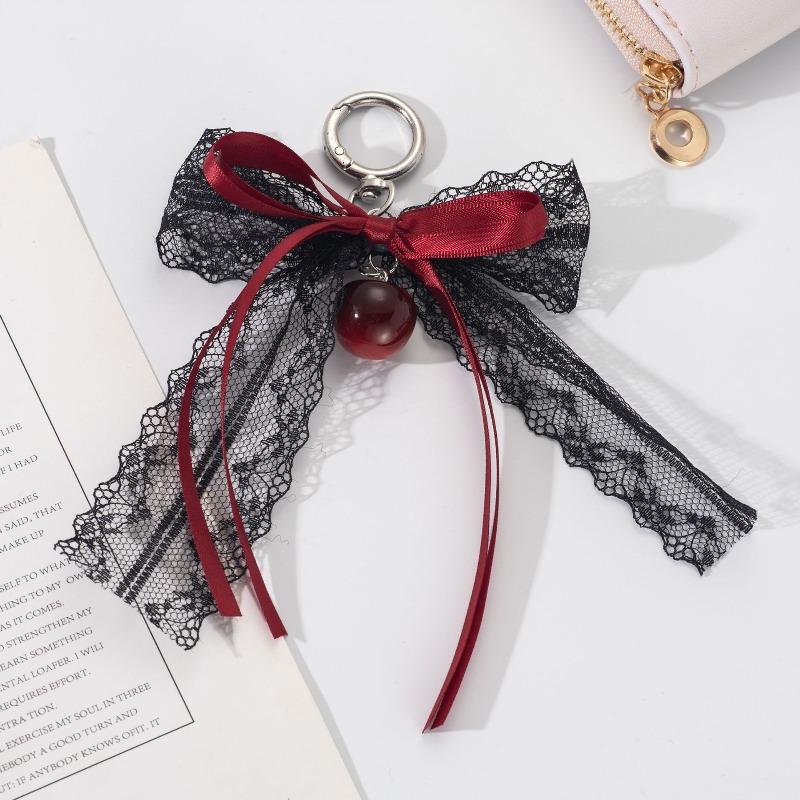 Keychain Hollow Red Ribbon Cherry Pendant Women Handbag and Backpack Key Chain Exquisite Ornament Holiday Gift Decor