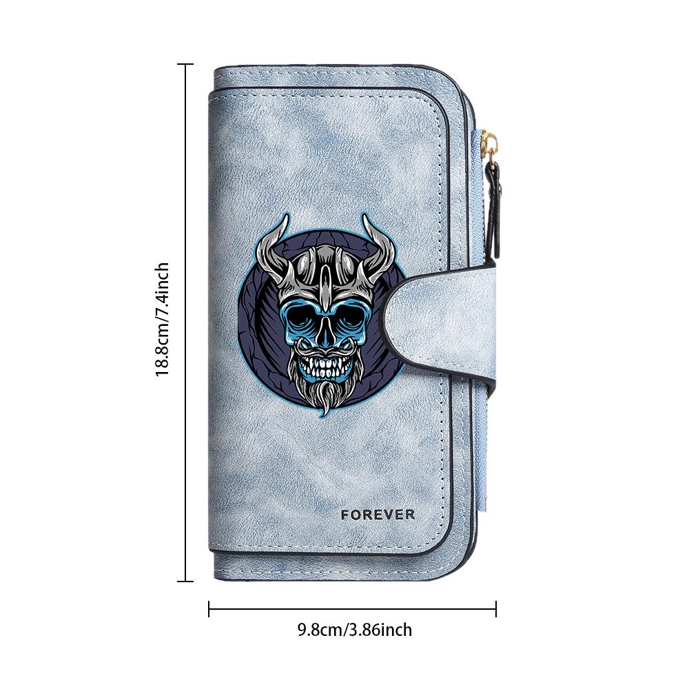 Viking Skull Pattern Long Wallet Fashionable Durable Portable Multi Slot Daily Carry Purse