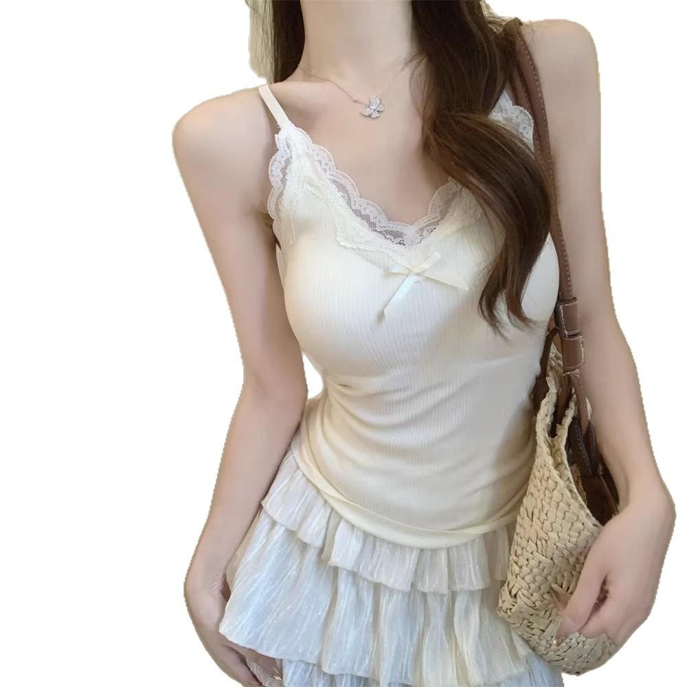 Sweet Spice Girl V-Neck Lace Edge Bow Suspender Vest Women's Summer New Slim Skinny Inner Bottom Top