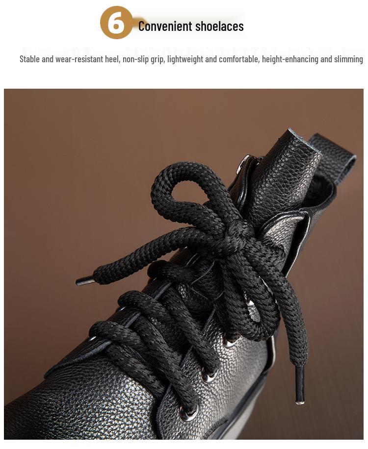 Women's Genuine Leather Martin Boots - Thick Sole, High Heel, Petite Height Boost, Versatile British Style for Autumn/Winter.