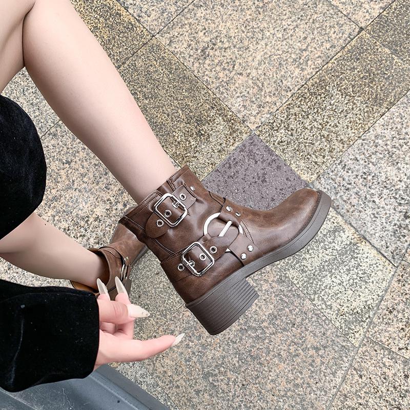 Fashion Vintage Woman Western Cowgirl Boot Fashion Belt Buckle Short Booties Autumn Winter Thick Heel Girl Shoes
