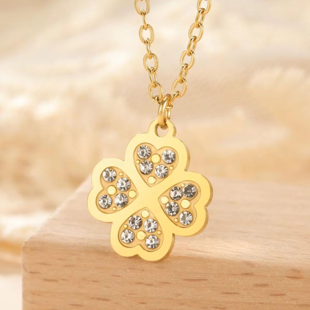 Stainless Steel Lucky Four-leaf Clover Pendant Women's Necklace Clear Zircon Necklace Jewelry 2026 Mother's Day Gift New