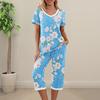 2 Stück/Set Damen Blumenprint Loungewear Set V-Ausschnitt Kurzarm T-Shirt Taschen Elastische Taille