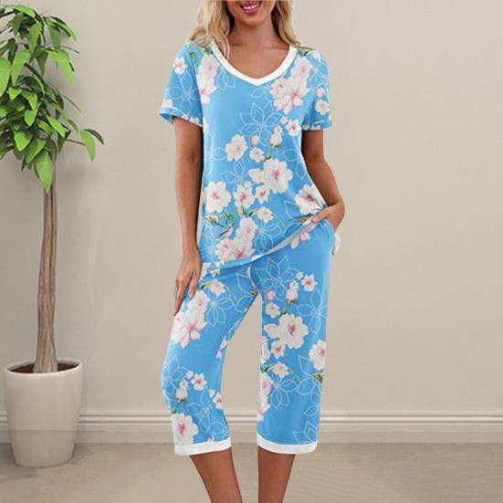 2 Stück/Set Damen Blumenprint Loungewear Set V-Ausschnitt Kurzarm T-Shirt Taschen Elastische Taille