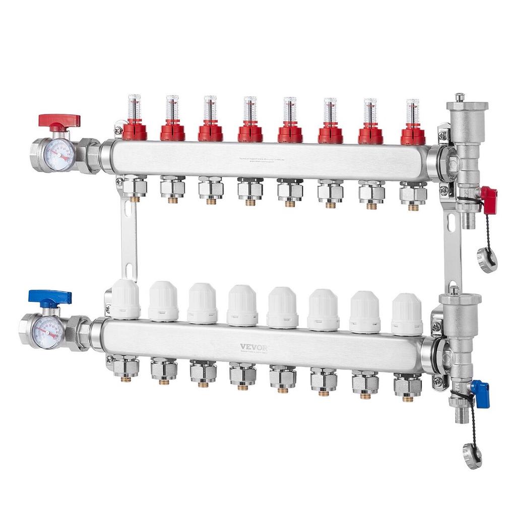 8-Branch Radiant Heat Manifold 1/2" PEX Tubing Floor Heating Manifold Set
