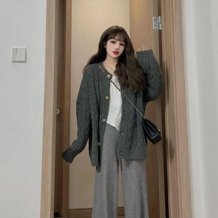 

Свитер женский, осень 2022, новый вязаный кардиган, пальто, женский свободный и ленивый, корейский, универсальная верхняя одежда, кардиган, женский топ One Size серый