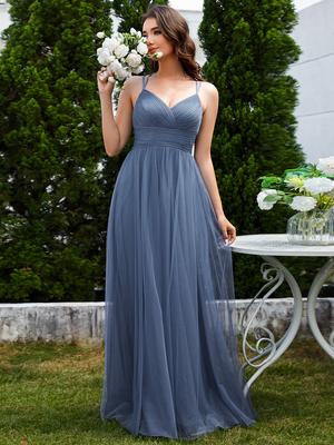 Ever-Pretty Women's Romantic Lace Back Cross-Strap V-Neck Pleated Sleeveless Tulle Bridesmaid Dress