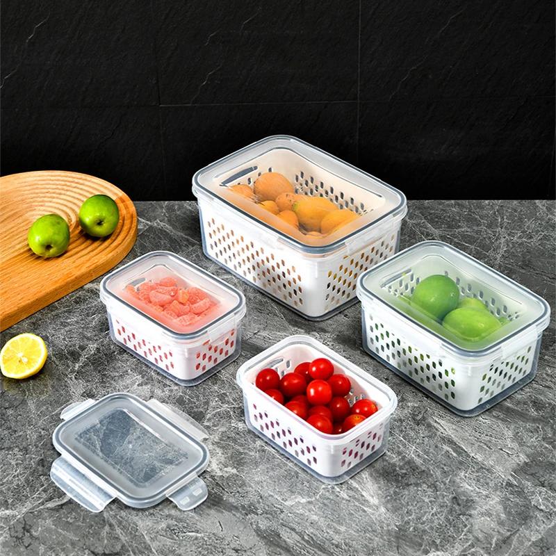 Transparent Fridge Food Storage Container Set With Lids With Strainer Kitchen Storage Boxes Fruit Vegetable Organizer