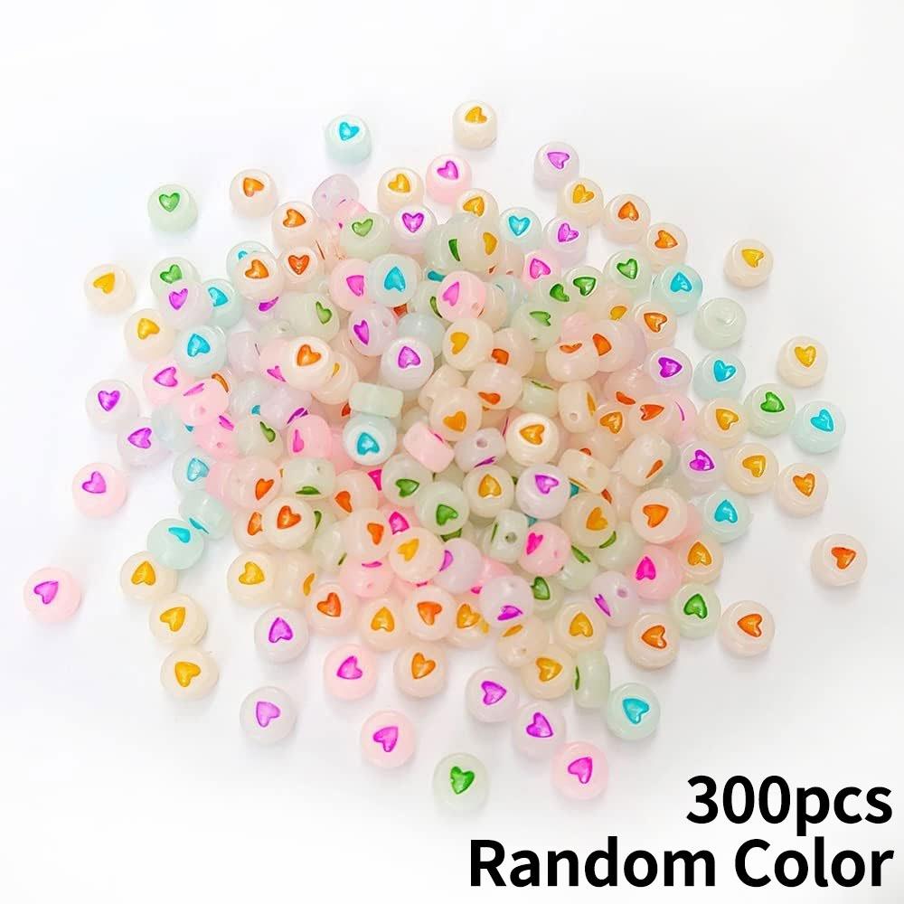 100/300/500pcs 4x7mm Colorful Luminous Round Heart Pattern Beads Mixed Plastic Shape Loose DIY Beads for Jewelry Making Bracelets Necklaces Key Chains