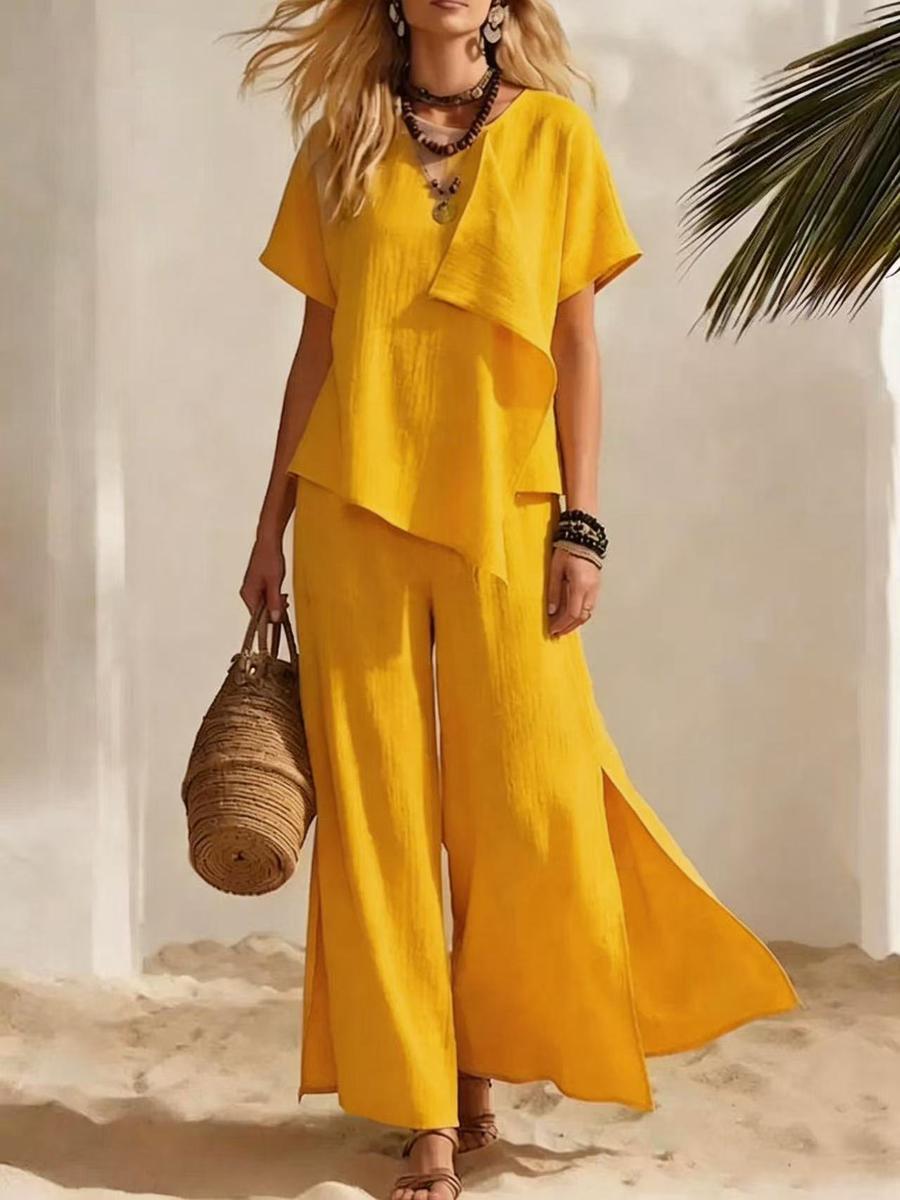 

Women s Summer New Fashion Casual Irregular Short Sleeve Top Wide Leg Pants Set 3XL жовтий