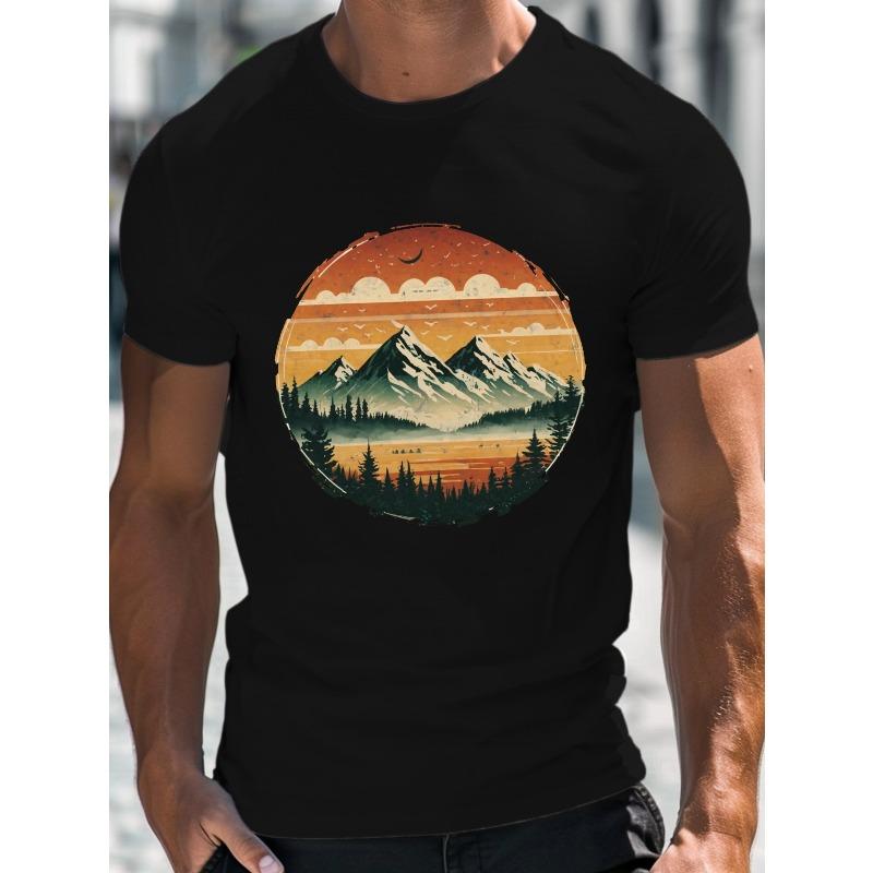 European Sizes Men's Summer T-Shirt - Mountain Landscape Graphic, Casual Short Sleeve Tee, Breathable, Machine Washable